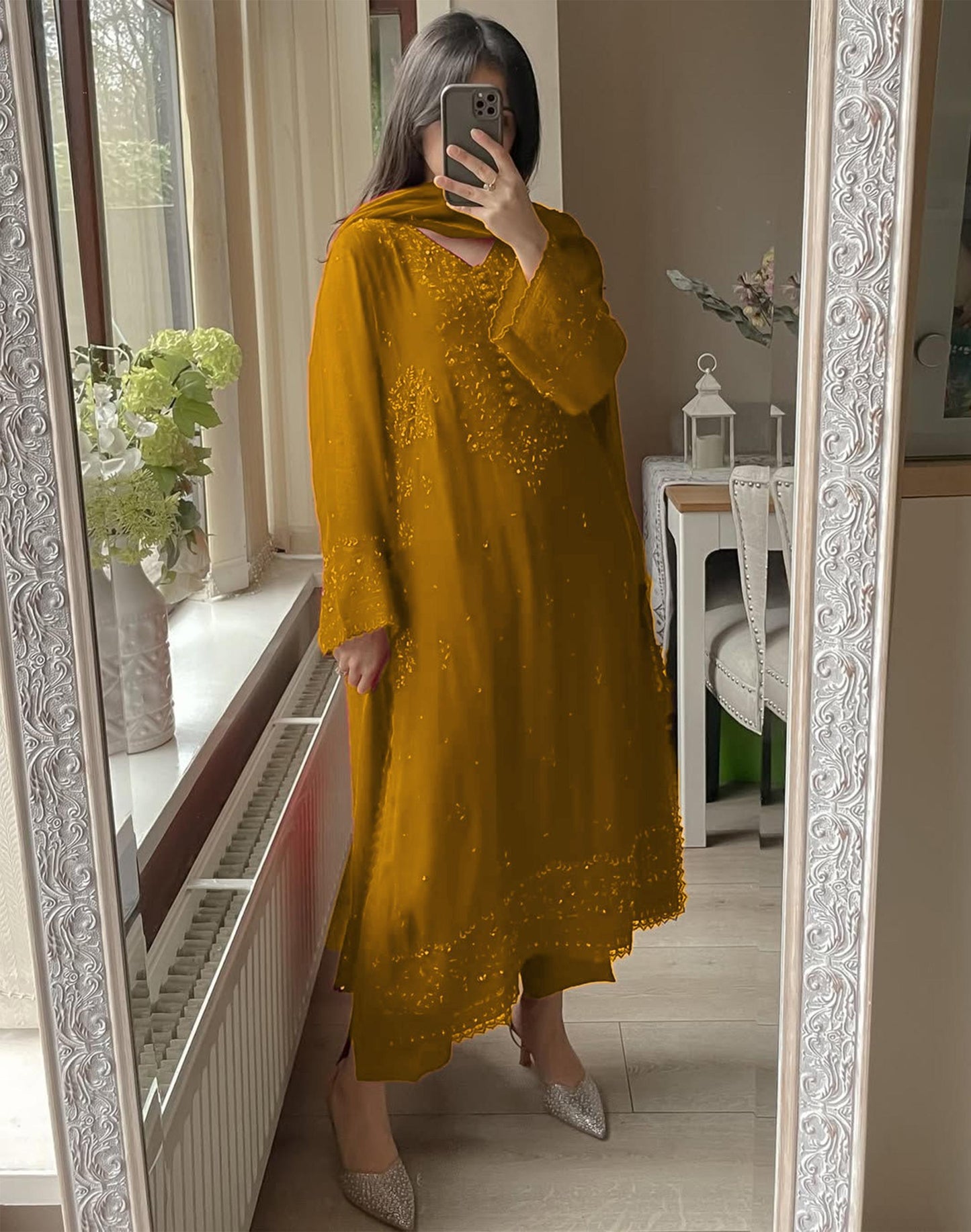 Yellow Elegant Embroidery Kurti & Pant