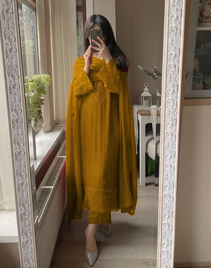 Yellow Elegant Embroidery Kurti & Pant