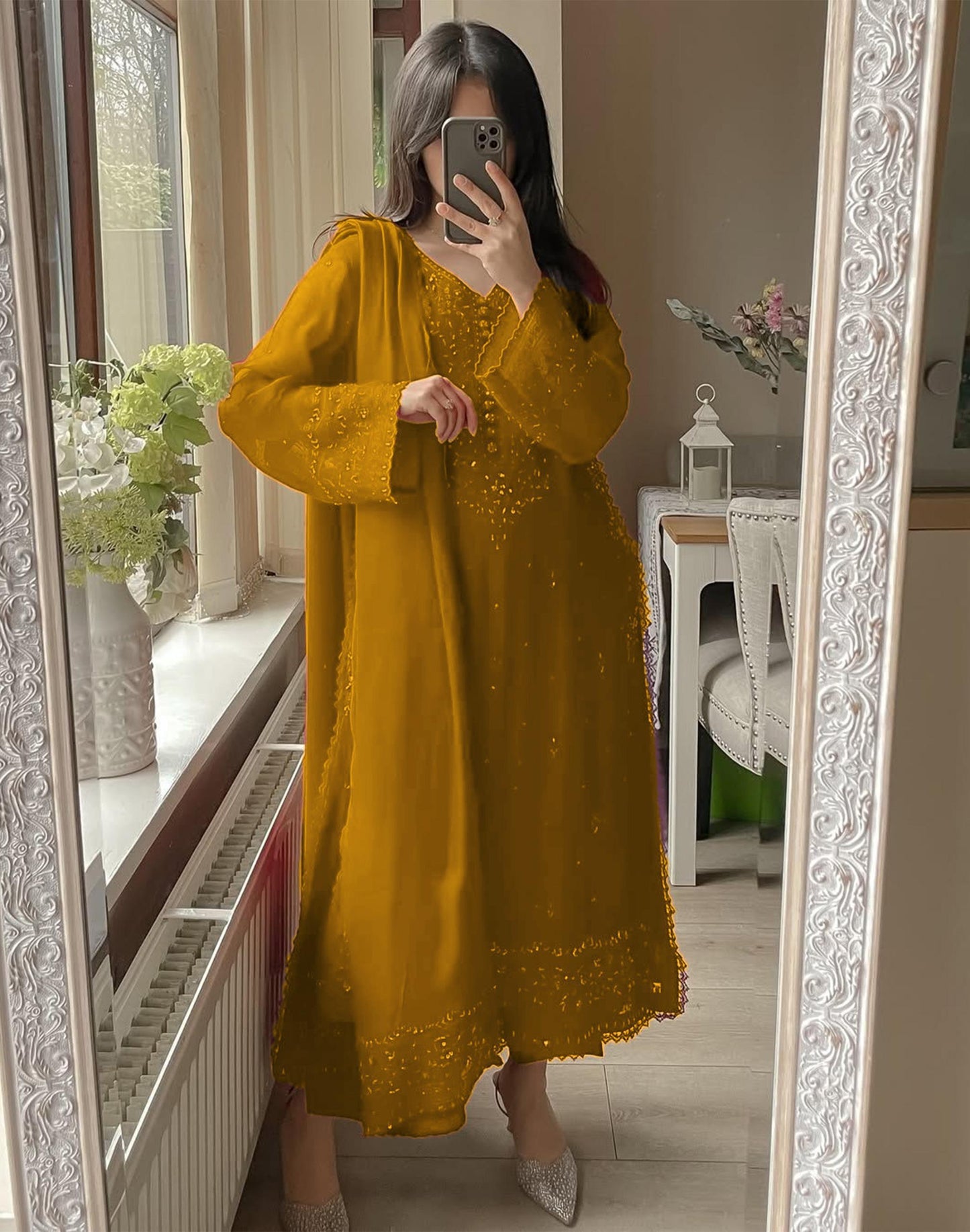 Yellow Elegant Embroidery Kurti & Pant