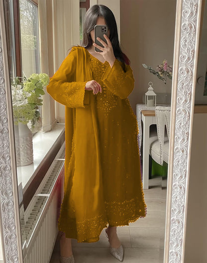 Yellow Elegant Embroidery Kurti & Pant