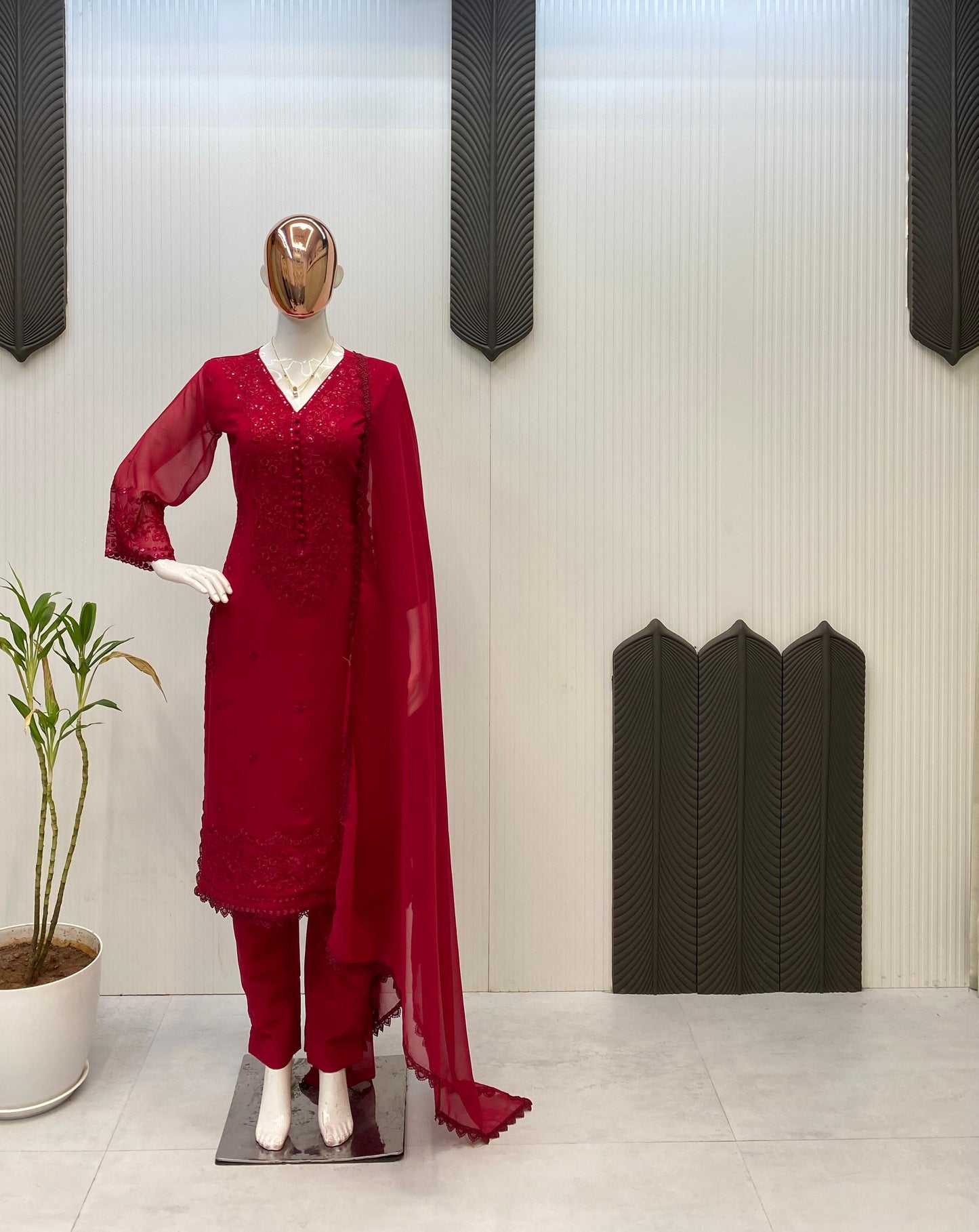 Maroon Georgette Embroidery Kurti & Pant