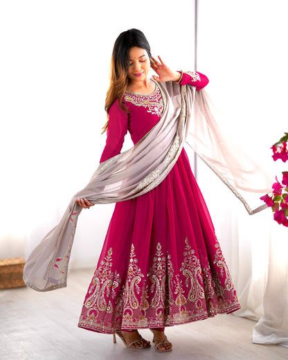 Magenta Heavy Georgette Three Piece Gown