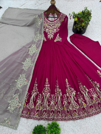 Magenta Heavy Georgette Three Piece Gown