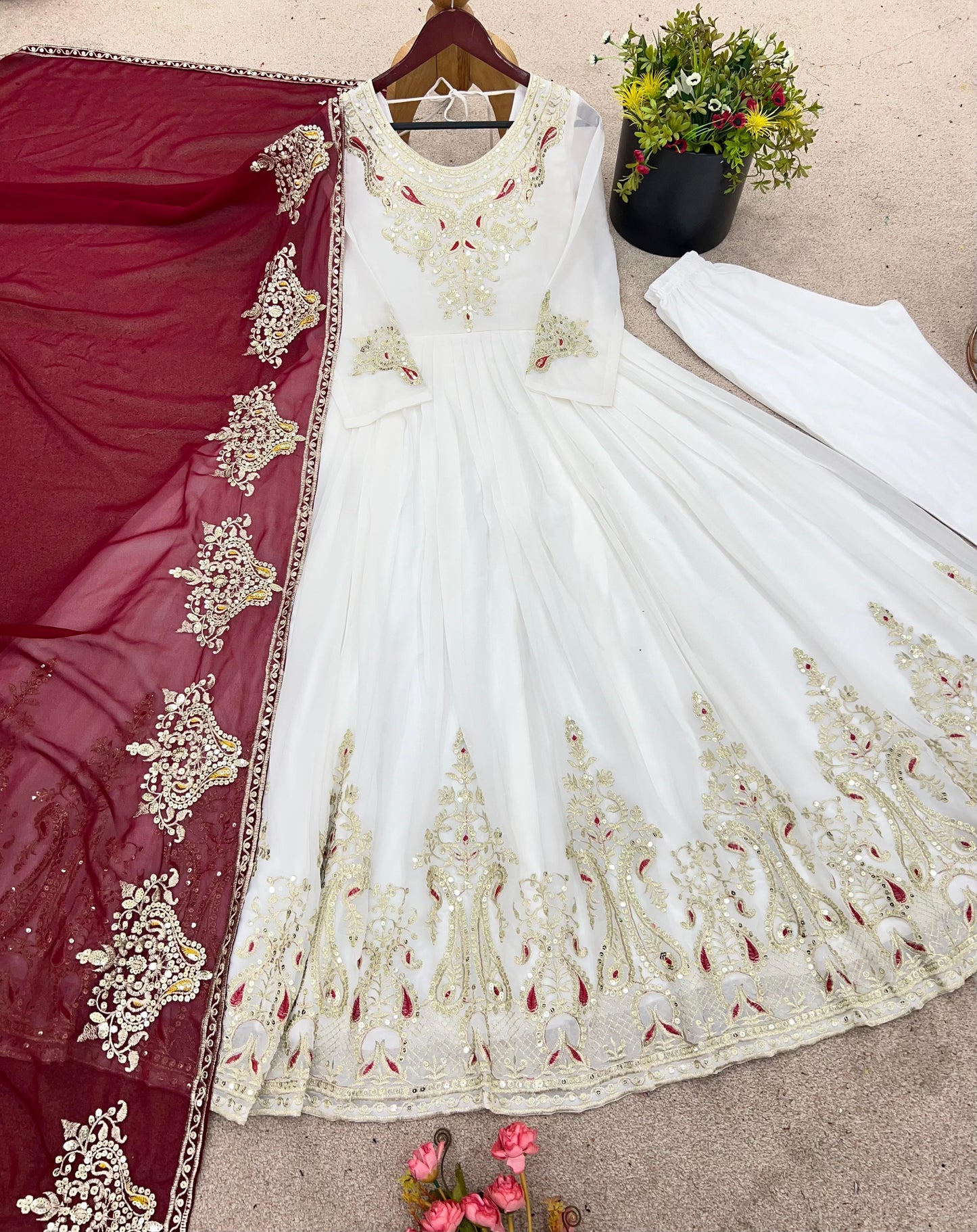 White Trending Georgette Three Piece Gown