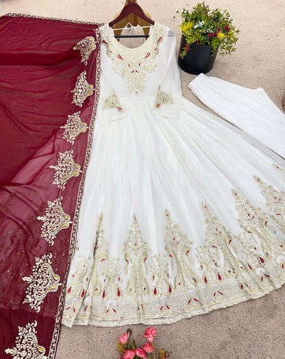 White Trending Georgette Three Piece Gown