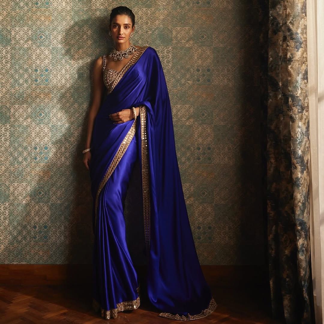 Persian Blue Pure Satin Silk Saree