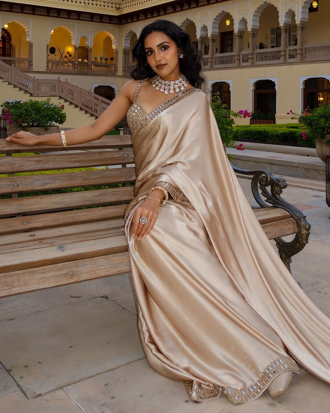 Beige Embroidery with Mirror Detailing Saree