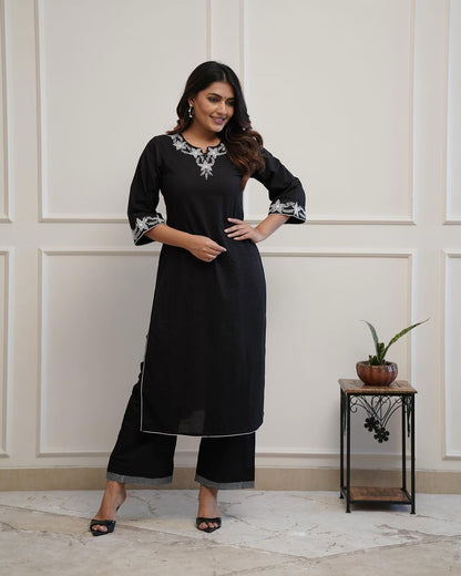 Black Classic Embroidered Kurti Plazo