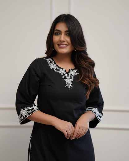 Black Classic Embroidered Kurti Plazo