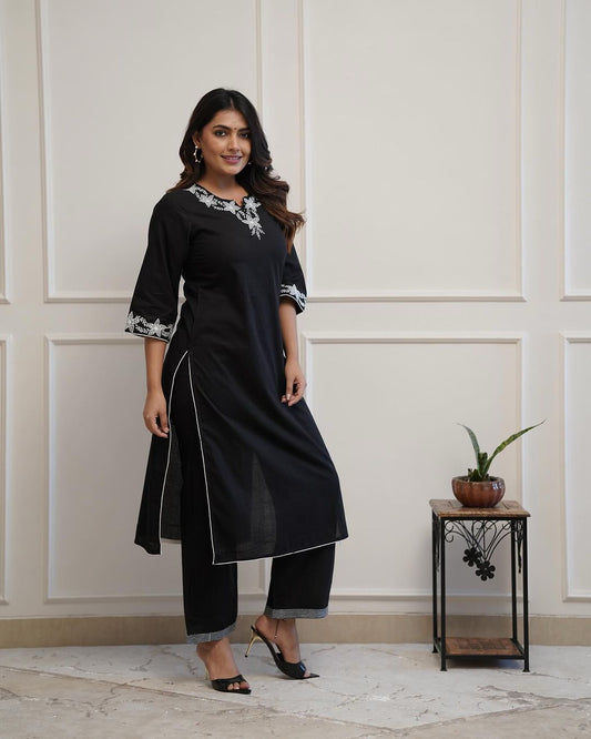 Black Classic Embroidered Kurti Plazo