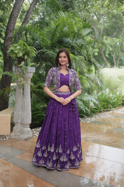 Purple Heavy Chinnon Wedding Lehenga