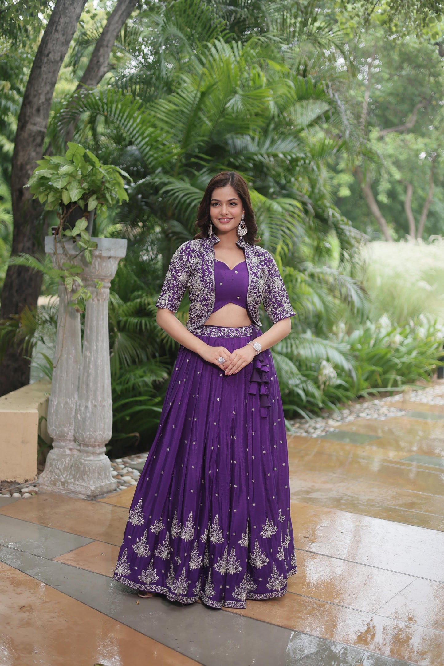 Purple Heavy Chinnon Wedding Lehenga