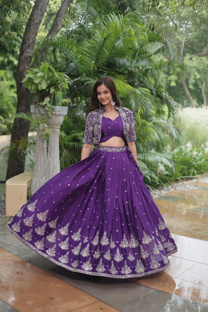 Purple Heavy Chinnon Wedding Lehenga