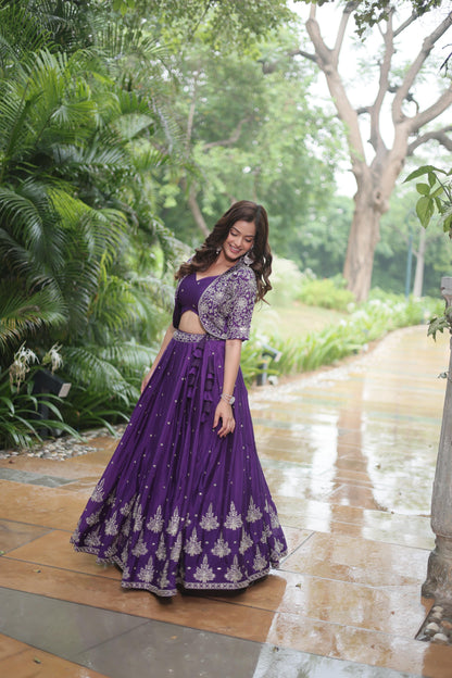Purple Heavy Chinnon Wedding Lehenga
