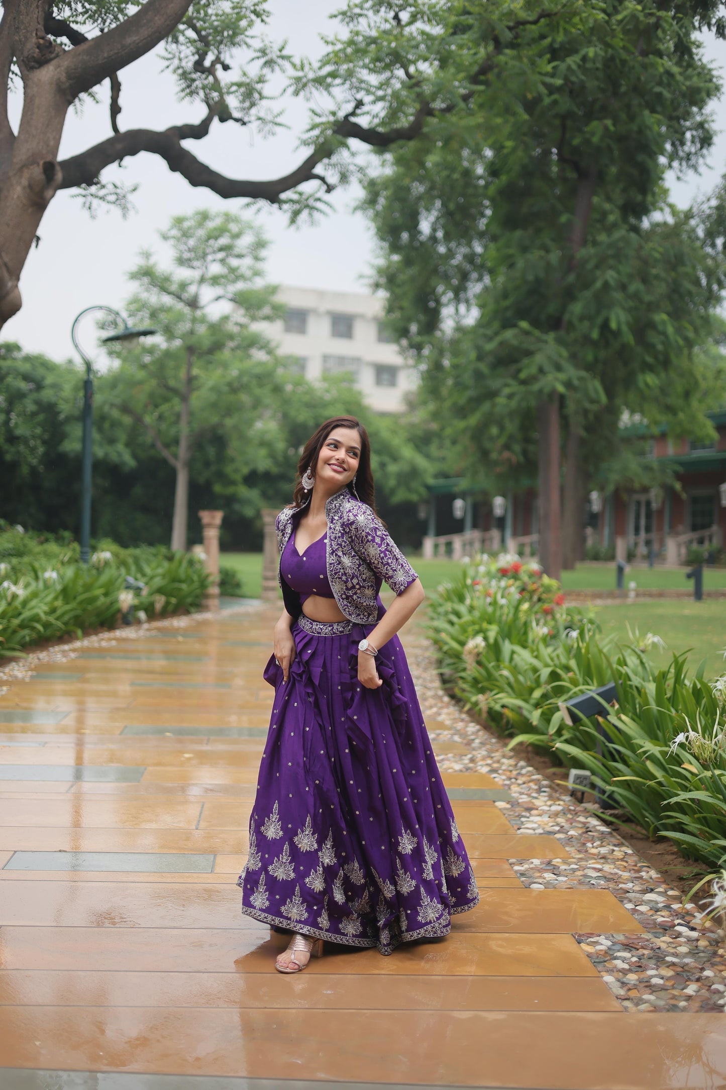 Purple Heavy Chinnon Wedding Lehenga