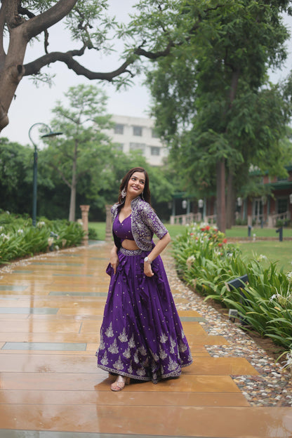 Purple Heavy Chinnon Wedding Lehenga