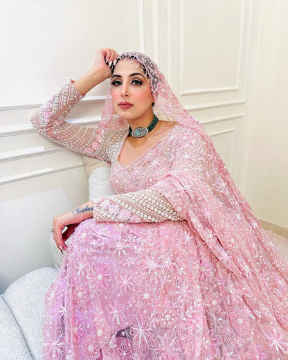 Pink Premium Embroidery Wedding Saree