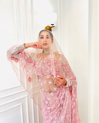 Pink Premium Embroidery Wedding Saree