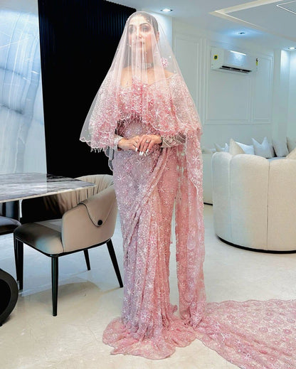 Pink Premium Embroidery Wedding Saree