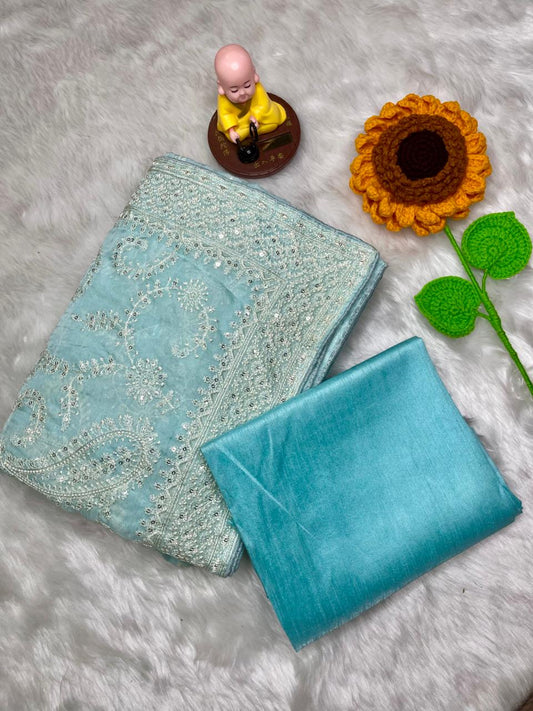 Sky Blue Multi Sequins Embroidery Saree