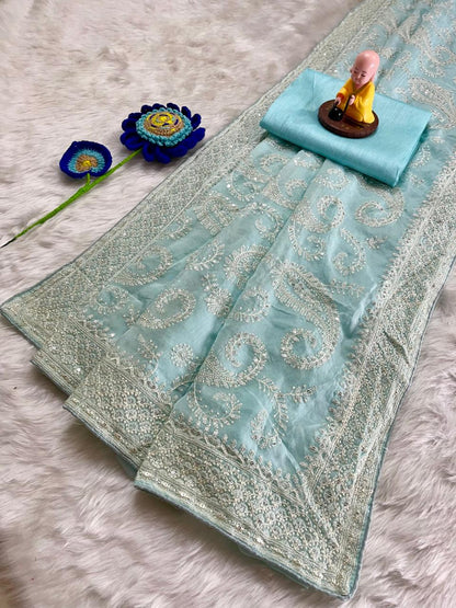 Sky Blue Multi Sequins Embroidery Saree