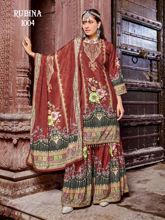 Brown Rubinn Digital Printed Crape Silk Sharara Suit