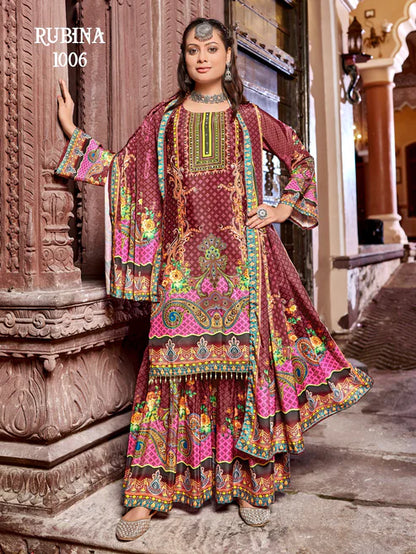Brown Rubinn Digital Printed Crape Silk Sharara Suit