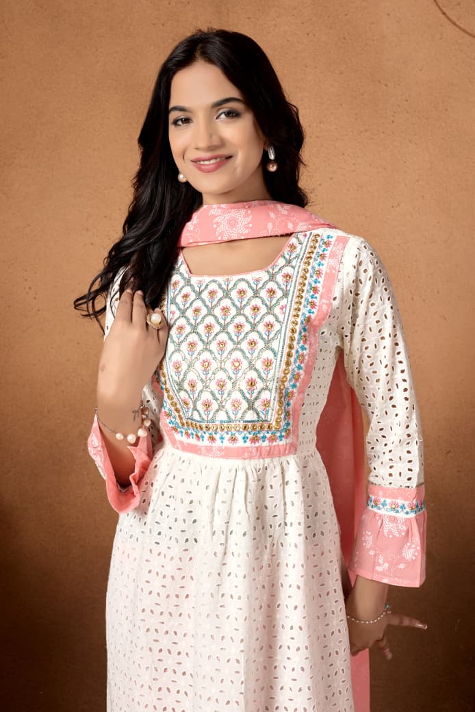Peach Embroidered Cotton Kurta & Pant