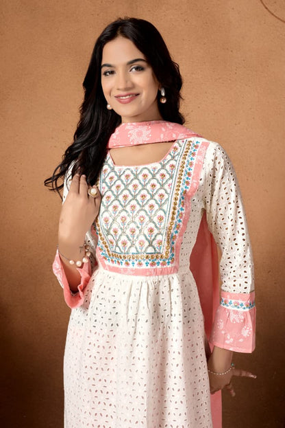 Peach Embroidered Cotton Kurta & Pant