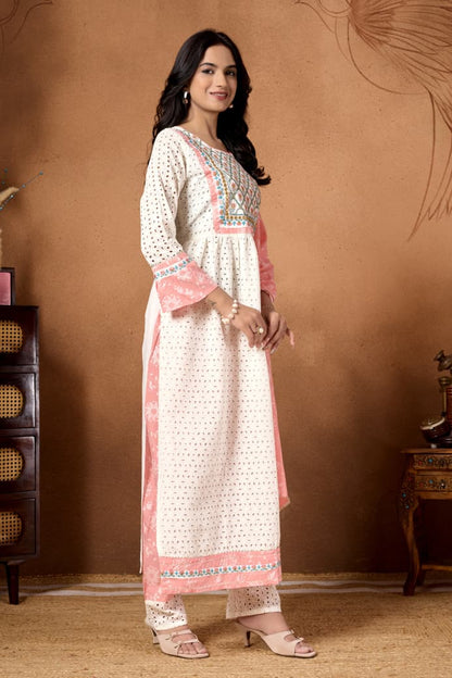 Peach Embroidered Cotton Kurta & Pant