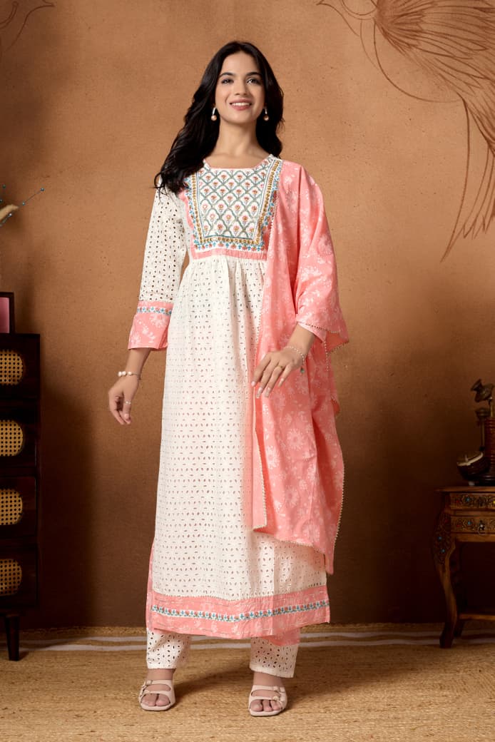 Peach Embroidered Cotton Kurta & Pant
