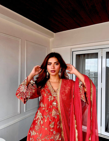 Red Premium Chinon Silk Diwali Special Kurti