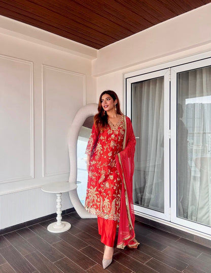 Red Premium Chinon Silk Diwali Special Kurti