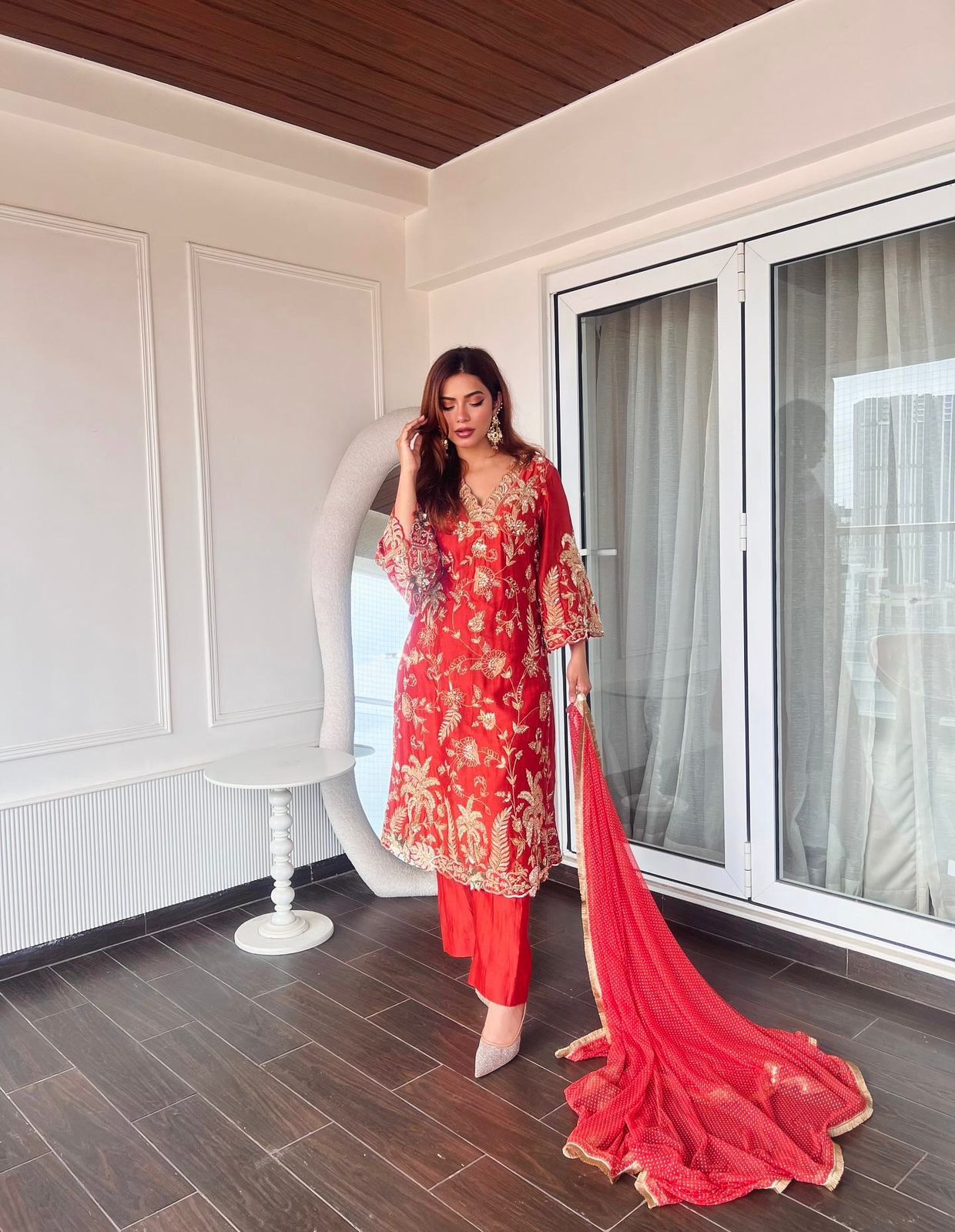 Red Premium Chinon Silk Diwali Special Kurti