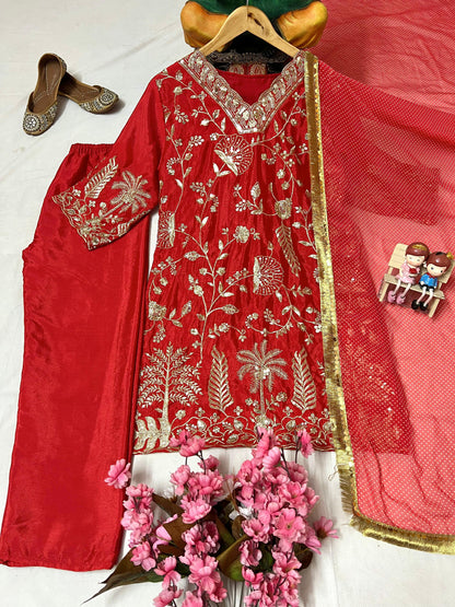 Red Premium Chinon Silk Diwali Special Kurti