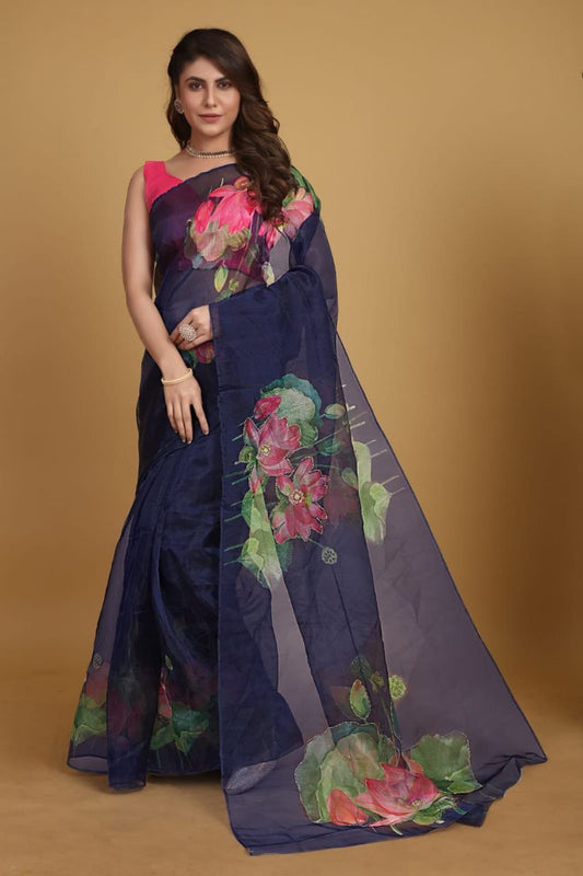 Blue Organza Saree with Pink and Green Floral Print