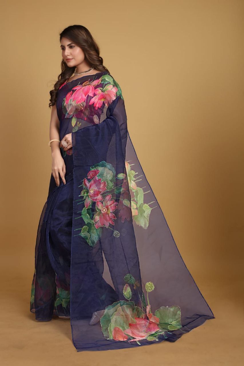 Blue Organza Saree with Pink and Green Floral Print