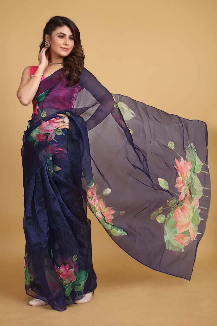 Blue Organza Saree with Pink and Green Floral Print