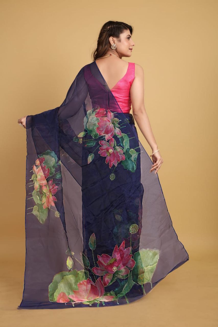 Blue Organza Saree with Pink and Green Floral Print