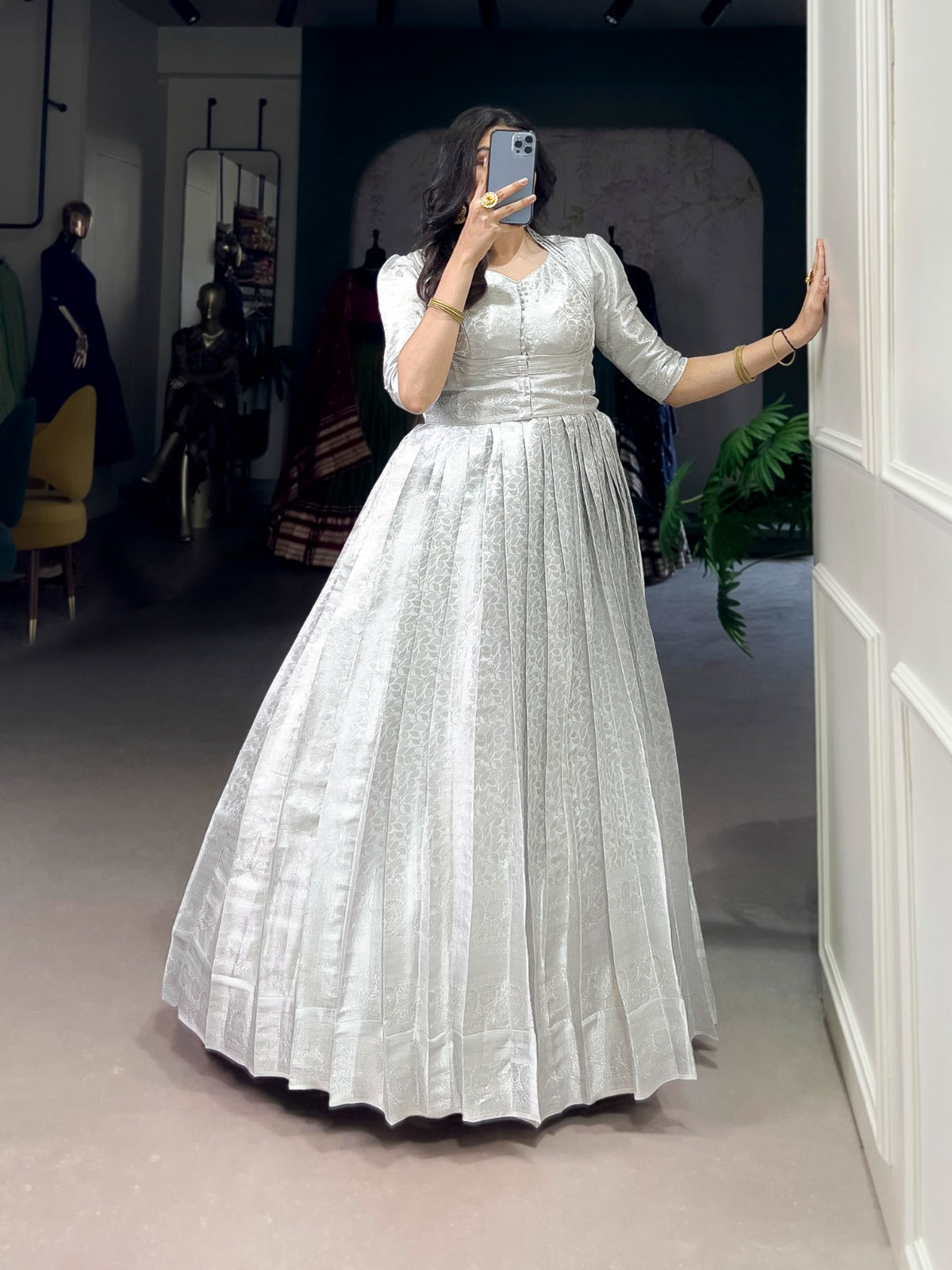 White Premium Kanjivaram Gown Coat