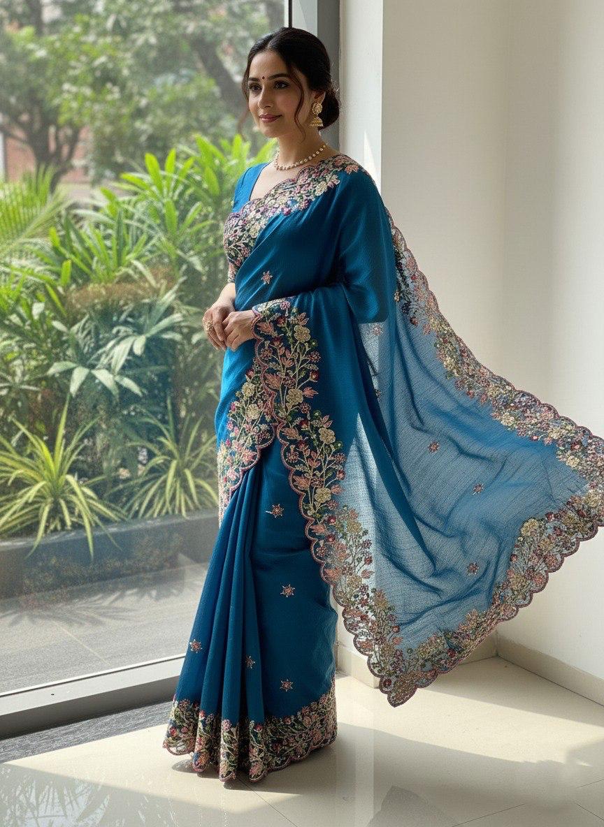 Midnight Blue Soft Fendy Chiffon Saree