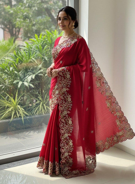 Red Party Wear Soft Fendy Saree
