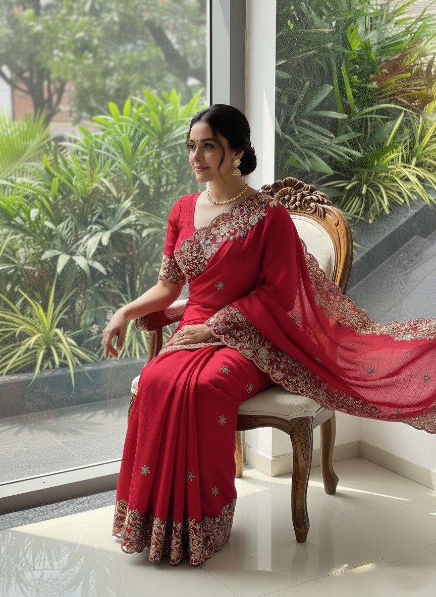 Red Party Wear Soft Fendy Saree