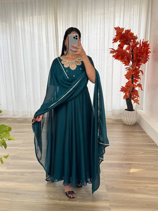 Midnight Blue Party Wear Gown & Duppta