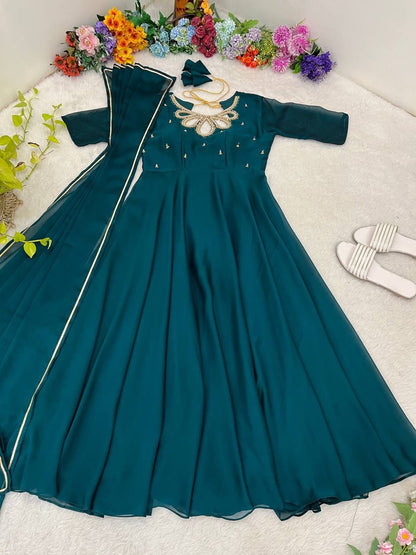 Midnight Blue Party Wear Gown & Duppta