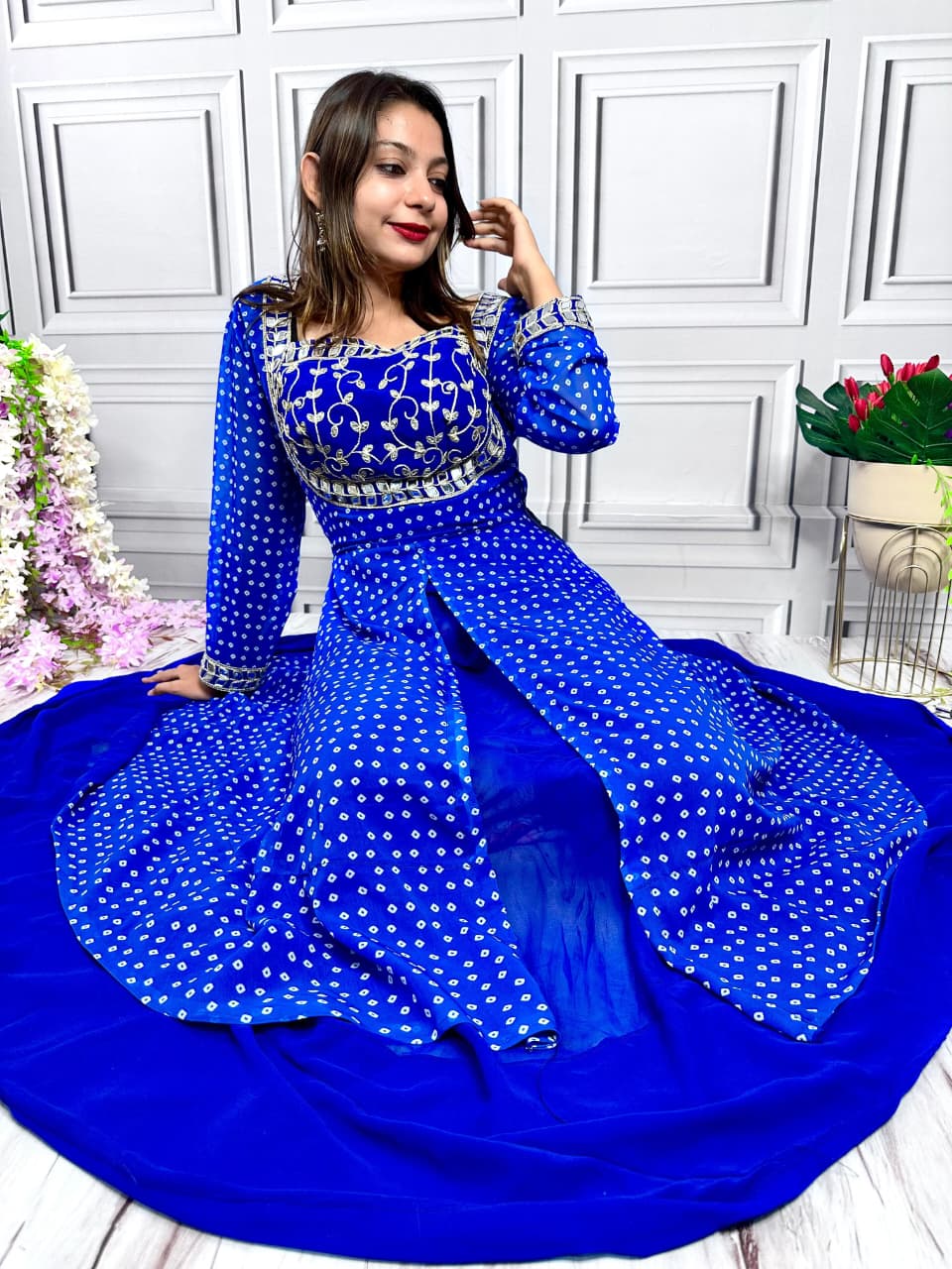 Blue Stylish Mirror Work Anarkali Gown