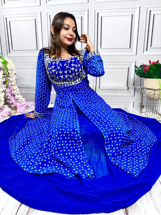 Blue Stylish Mirror Work Anarkali Gown