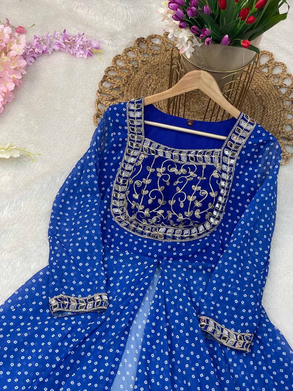 Blue Stylish Mirror Work Anarkali Gown