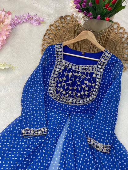 Blue Stylish Mirror Work Anarkali Gown