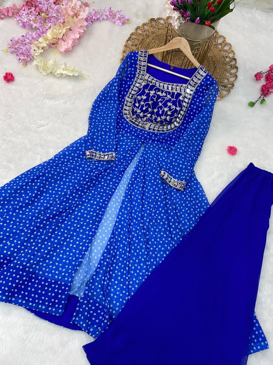 Blue Stylish Mirror Work Anarkali Gown